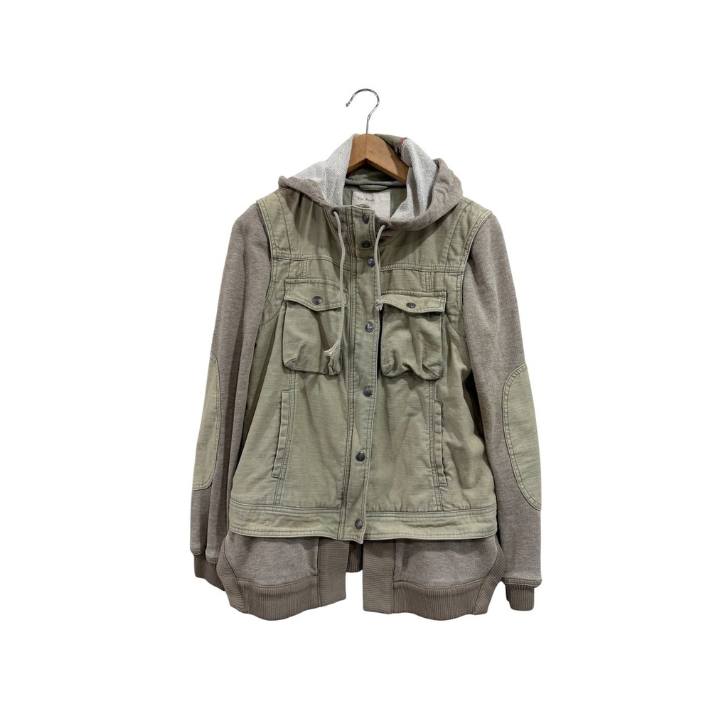 Free People 1970 Mixed Media Utility Jacket Green Hooded Elbow Patches Small